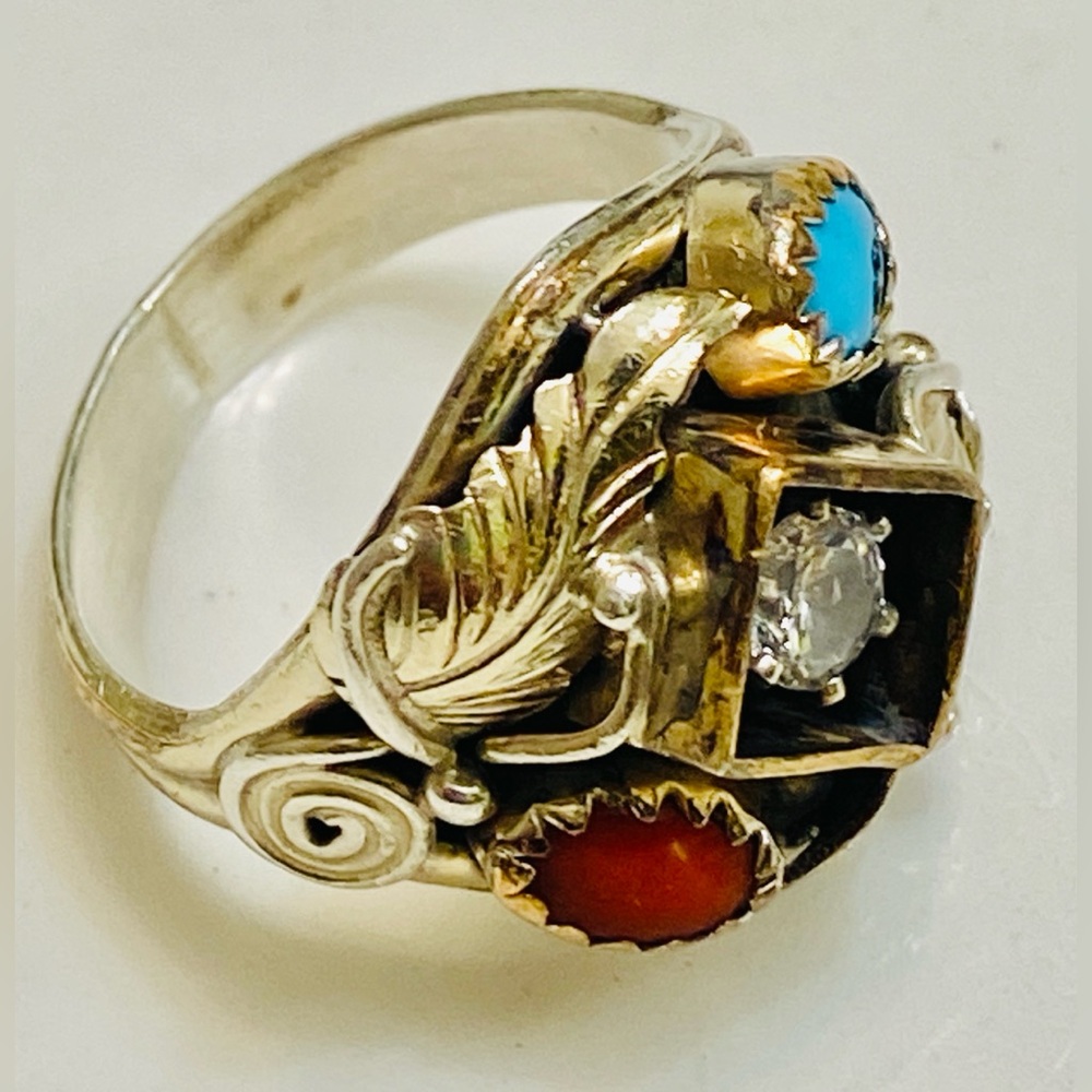 Handmade Native American Leaf accent  Ring with Turqouise Sapphire and Red Coral